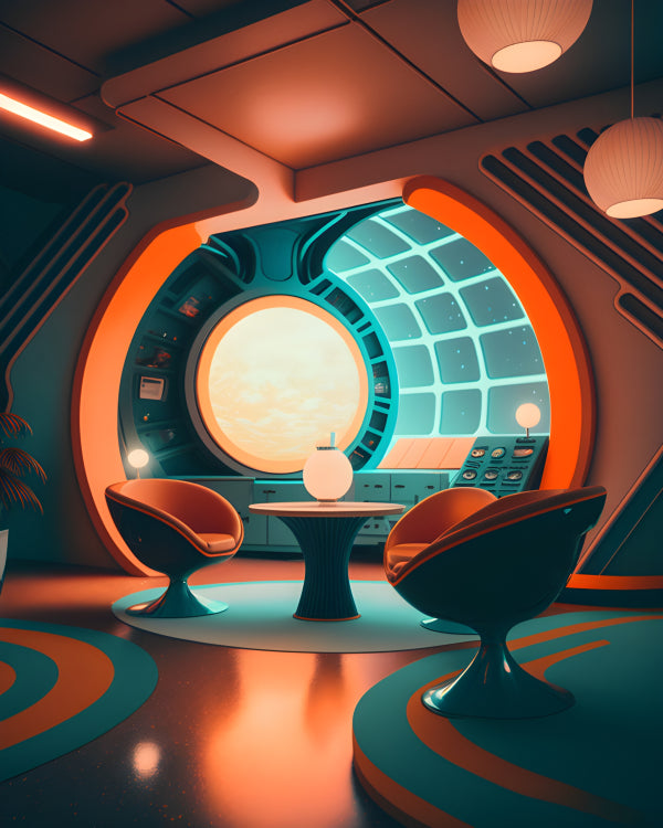 Vinyl Decal, Retro Futurism Spacecraft Interior Wall Art Poster Vintage Sci Fi Home Decor Print, 5 x