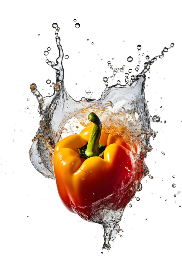 Vinyl Decal, Vibrant Red Yellow Bell Pepper Water Splash Kitchen Wall Art Poster, 5 x 7 or 8 x 10 In