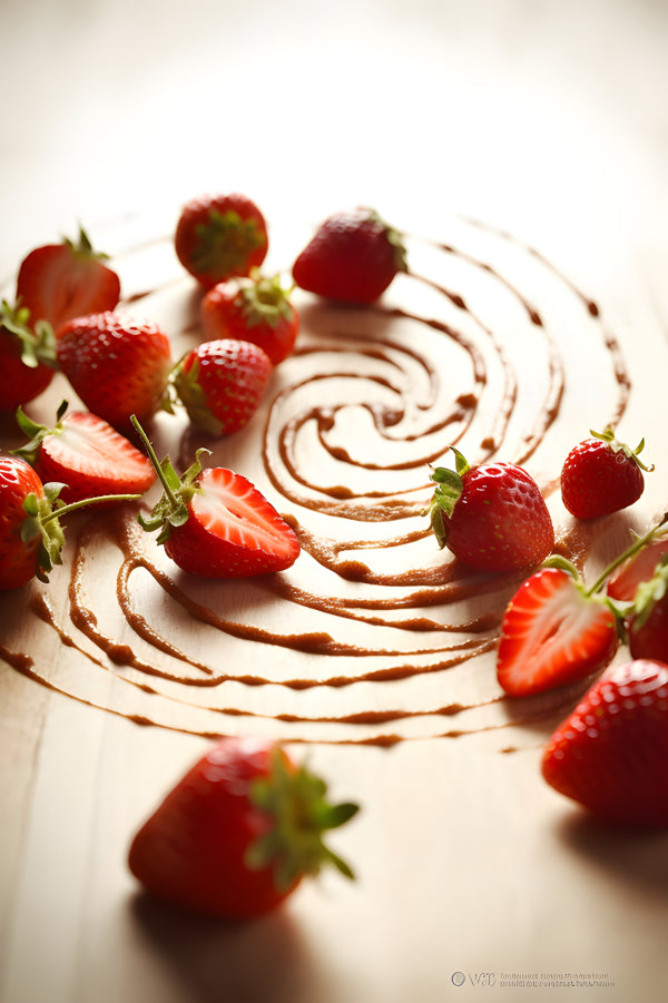 Vinyl Decal, Fresh Ripe Strawberries and Chocolate Swirl Kitchen Wall Art Decor Print, 5 x 7 or 8 x 