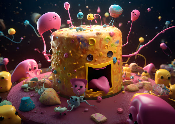 Vinyl Decal, Whimsical Cartoon Creature Cake Wall Art Print, Colorful Fantasy Monster Poster, 5 x 7 