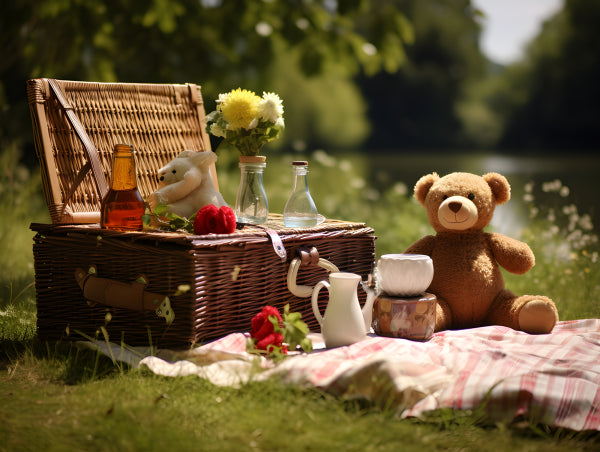 Vinyl Decal, Charming Teddy Bear Picnic Scene Wall Art Print Idyllic Summer Meadow Decor Poster, 5 x