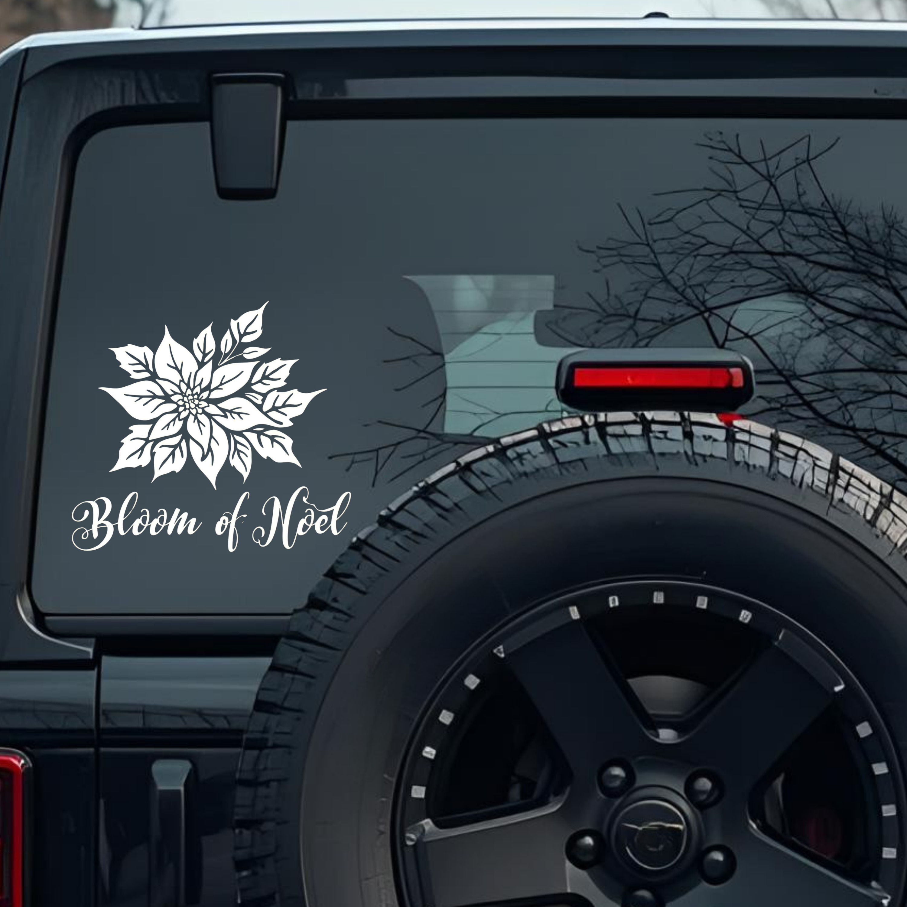 Bloom of Noel, White Graphic Text on Solid Black Background Large 6 inch Premium Decal Sticker For C