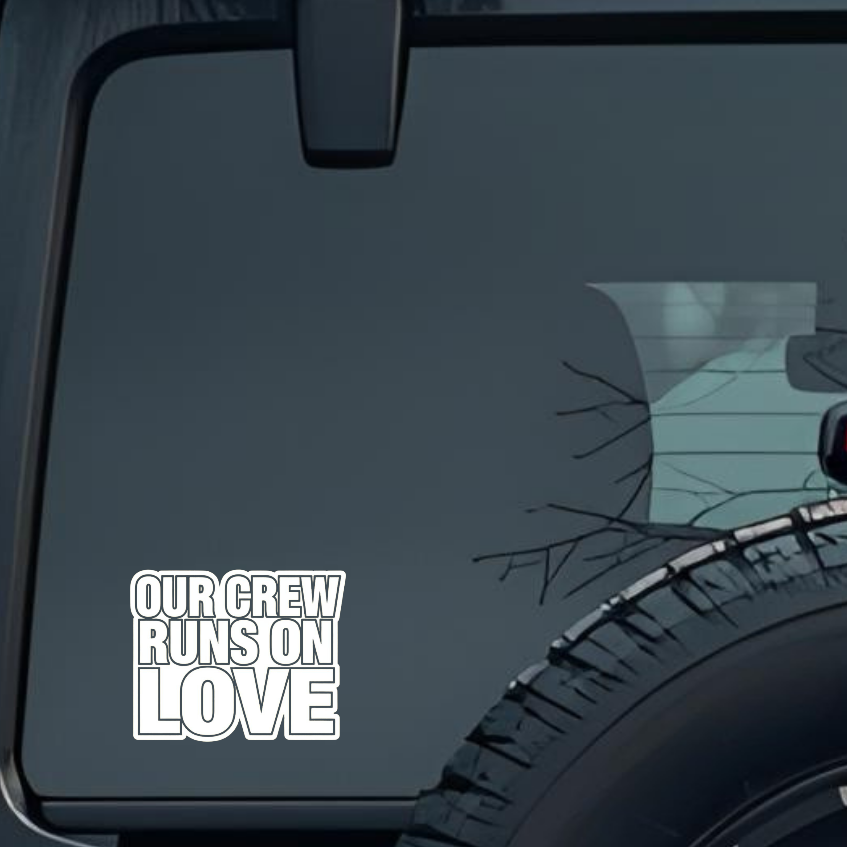 Our Crew Runs on Love Large 6 inch Premium Decal Sticker For Car Bumper Window Rear Windshield Stick