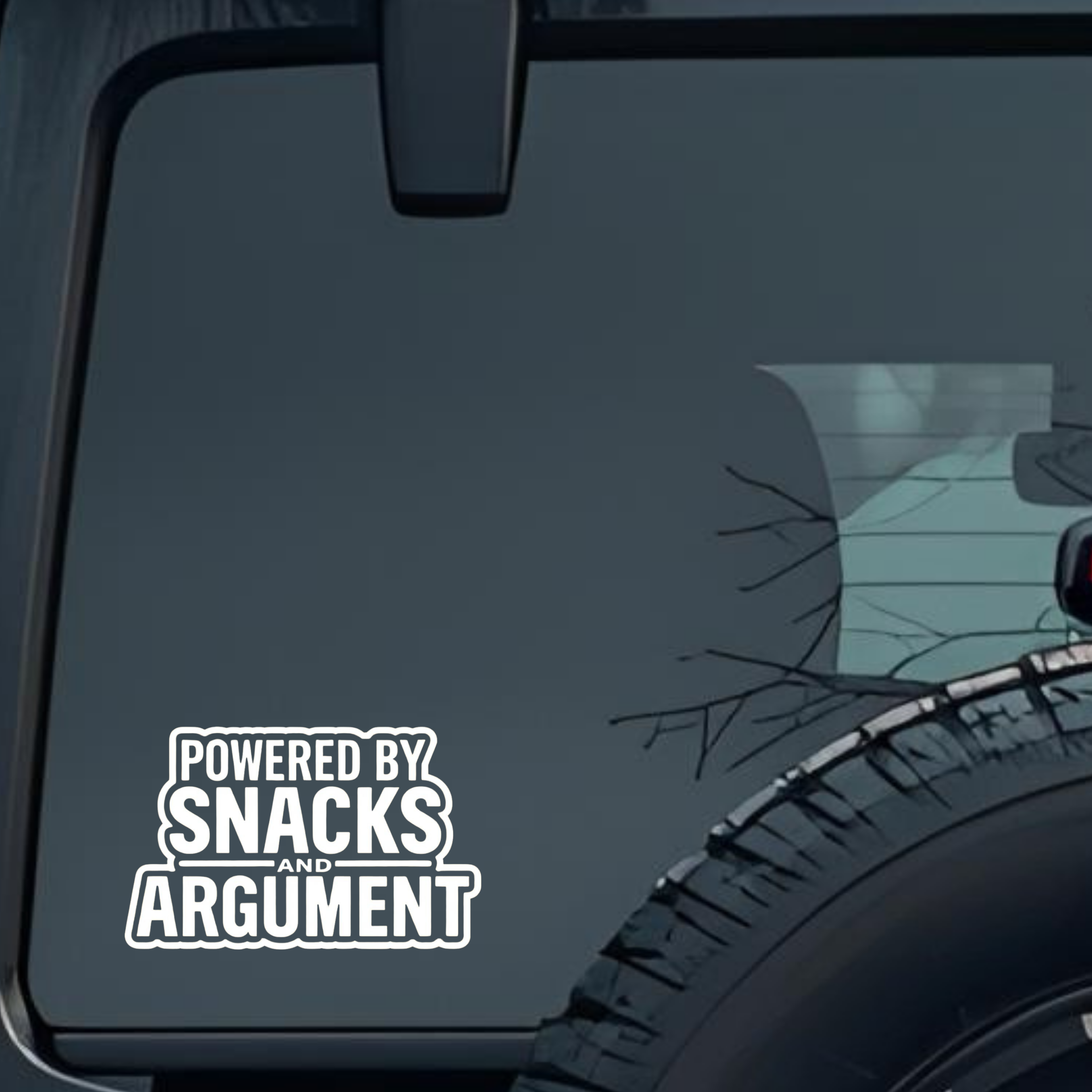 Powered by Snacks and Argument Large 6 inch Premium Decal Sticker For Car Bumper Window Rear Windshi
