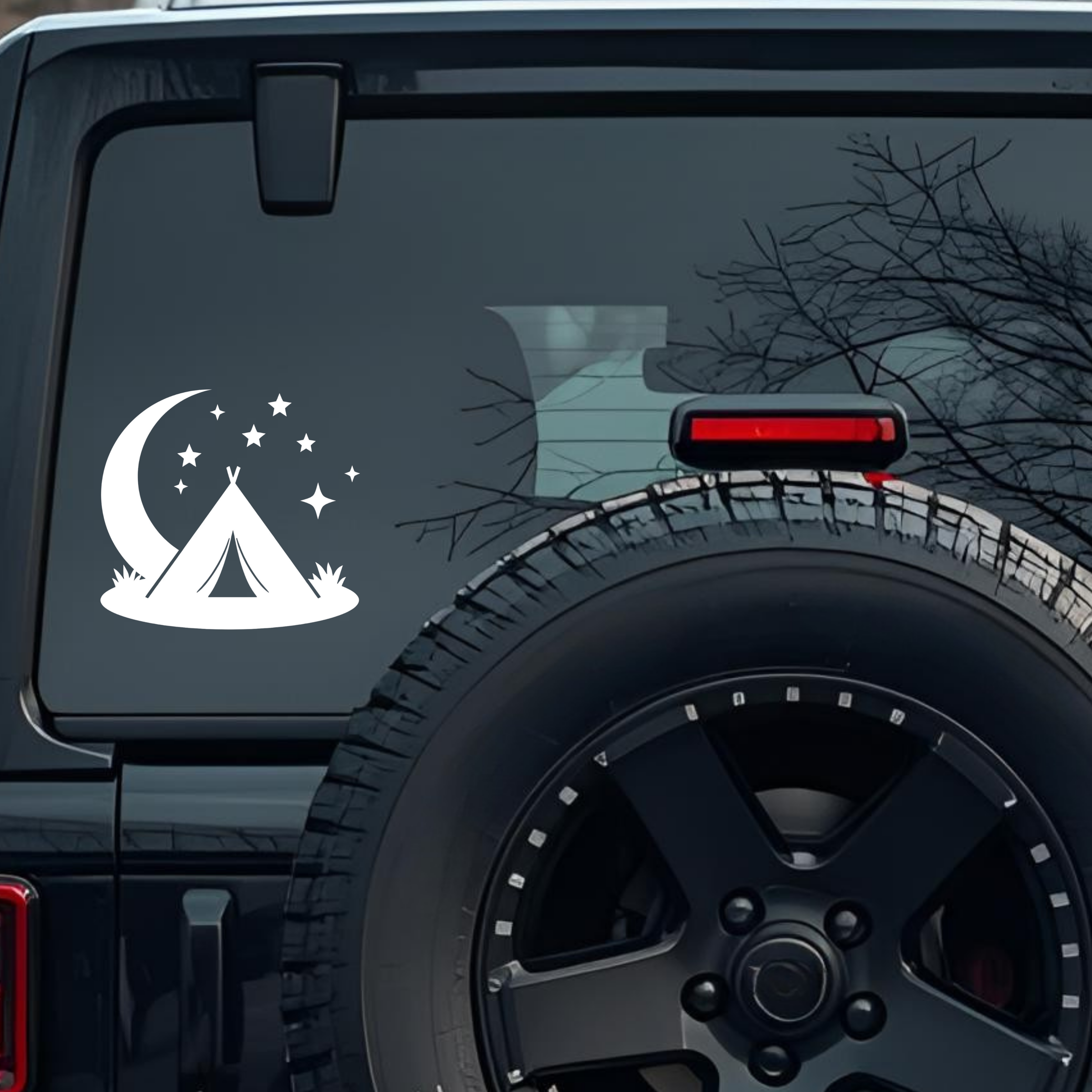Camping, Featuring a Tent, Crescent Moon, and Stars Large 6 inch Premium Decal Sticker For Car Bumpe