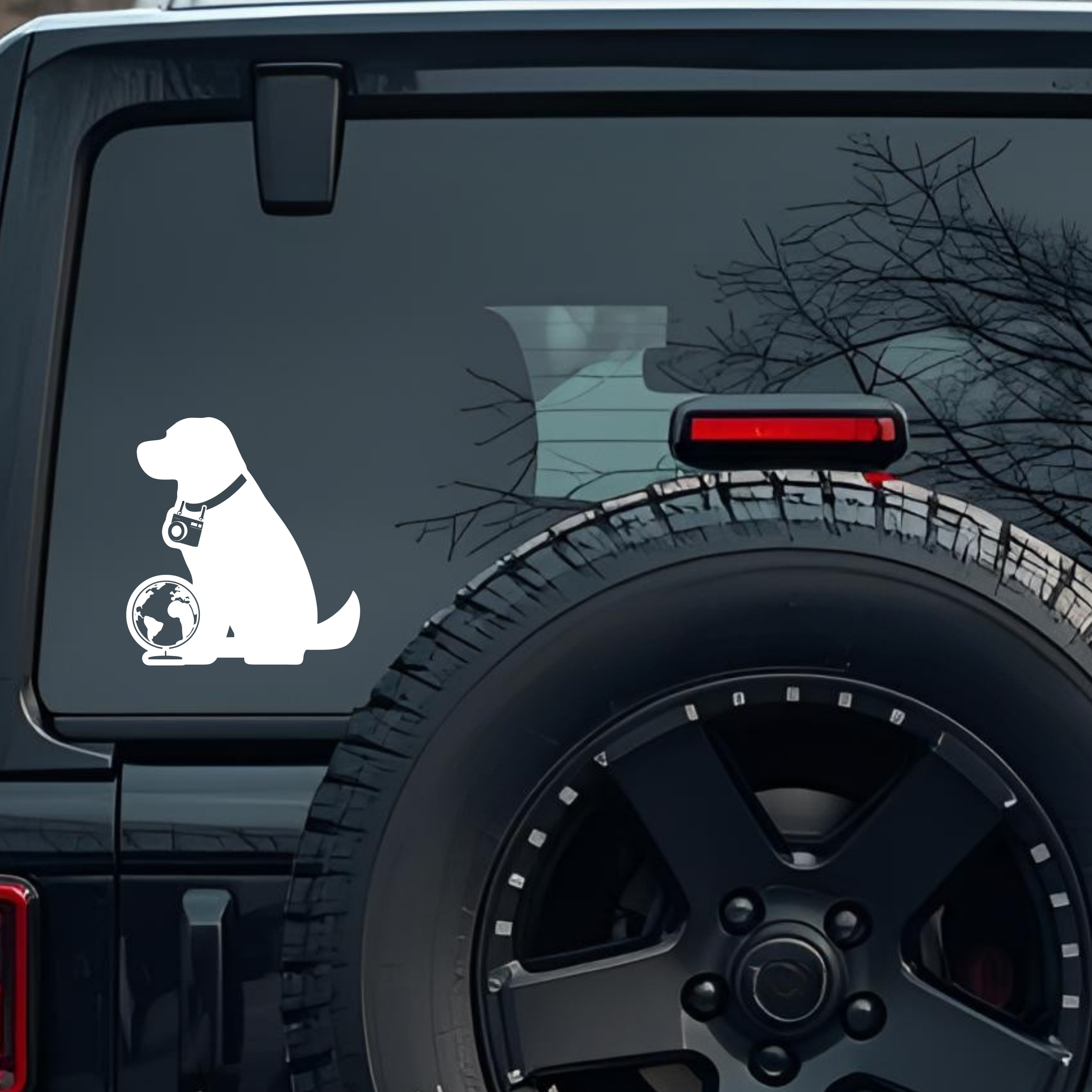 Dog on a Black Background a Camera and a Globe Large 6 inch Premium Decal Sticker For Car Bumper Win
