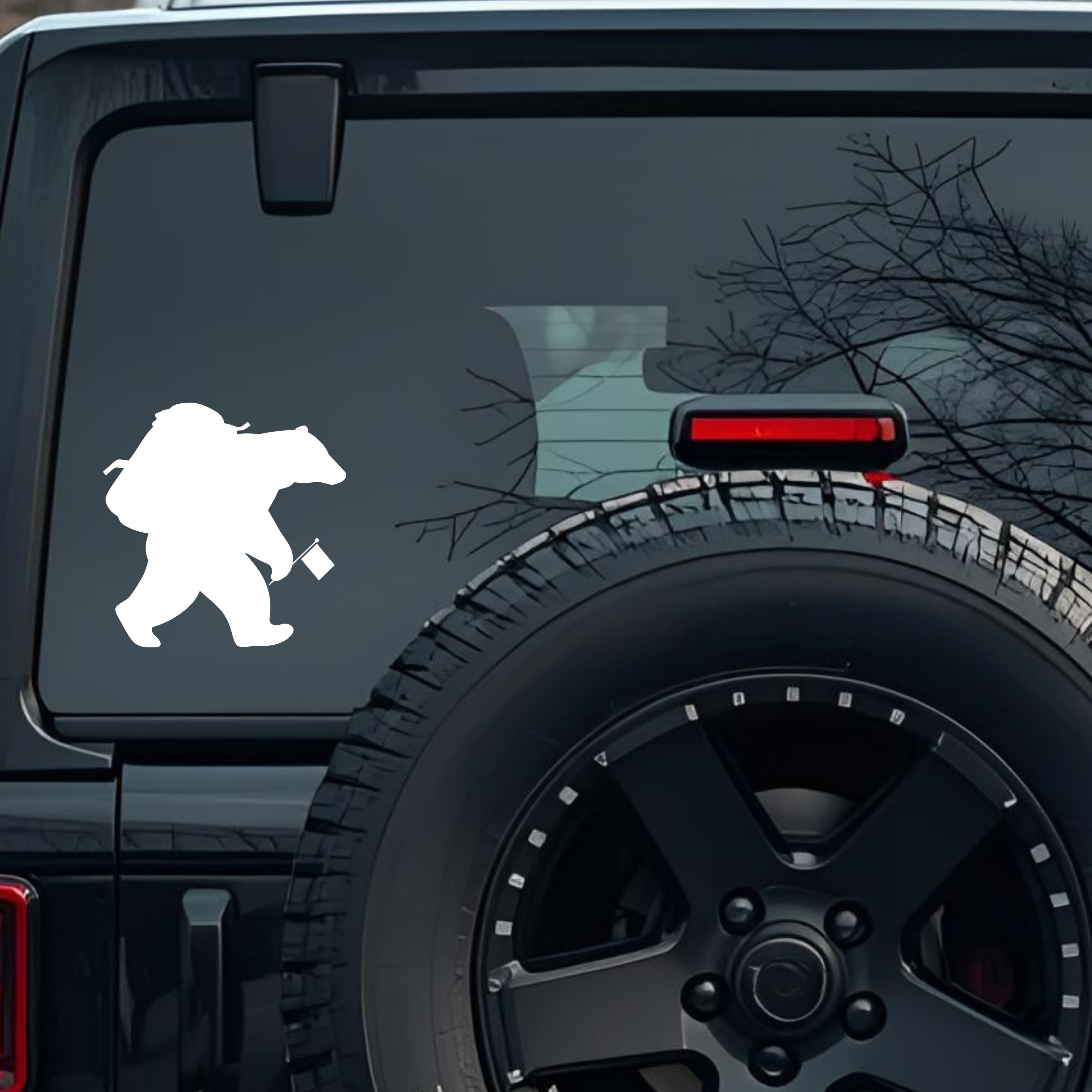 Hiking Bear Carrying a Backpack & Holding a Flag Large 6 inch Premium Decal Sticker For Car Bumper W
