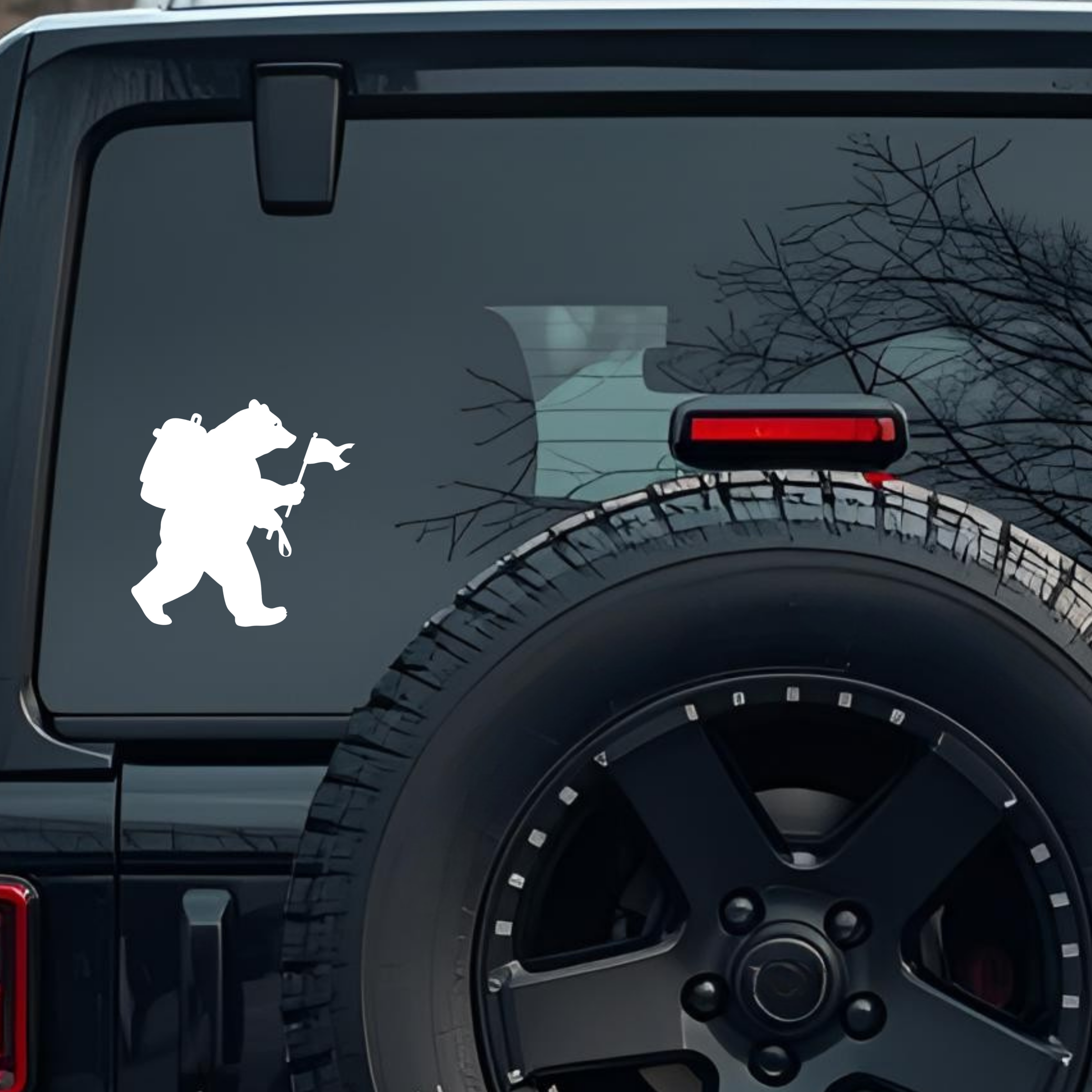 Bear Wearing a Backpack & Holding a Flag Large 6 inch Premium Decal Sticker For Car Bumper Window Re