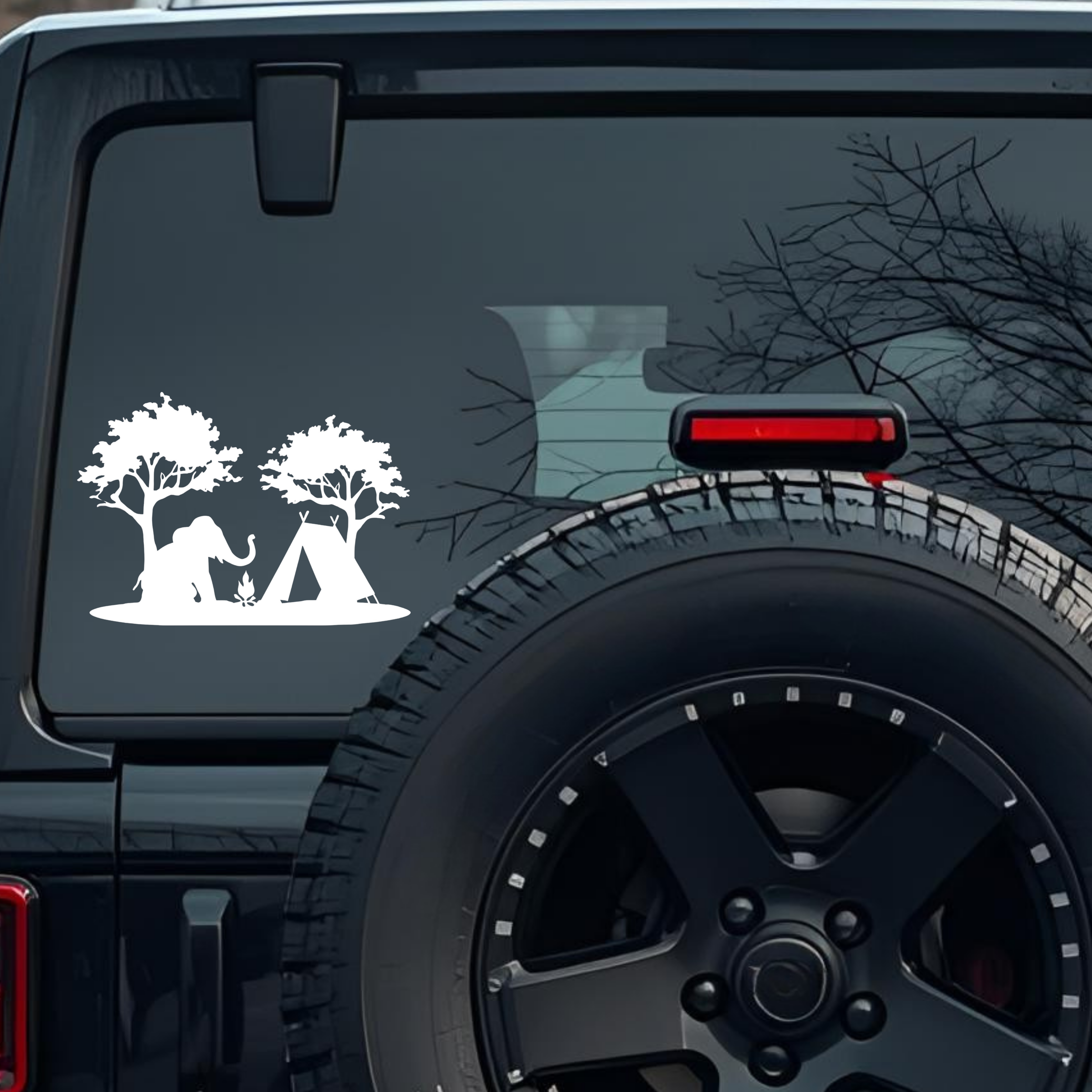 Elephant Sitting Next to a Campfire, a Tent, & Two Trees Large 6 inch Premium Decal Sticker For Car 