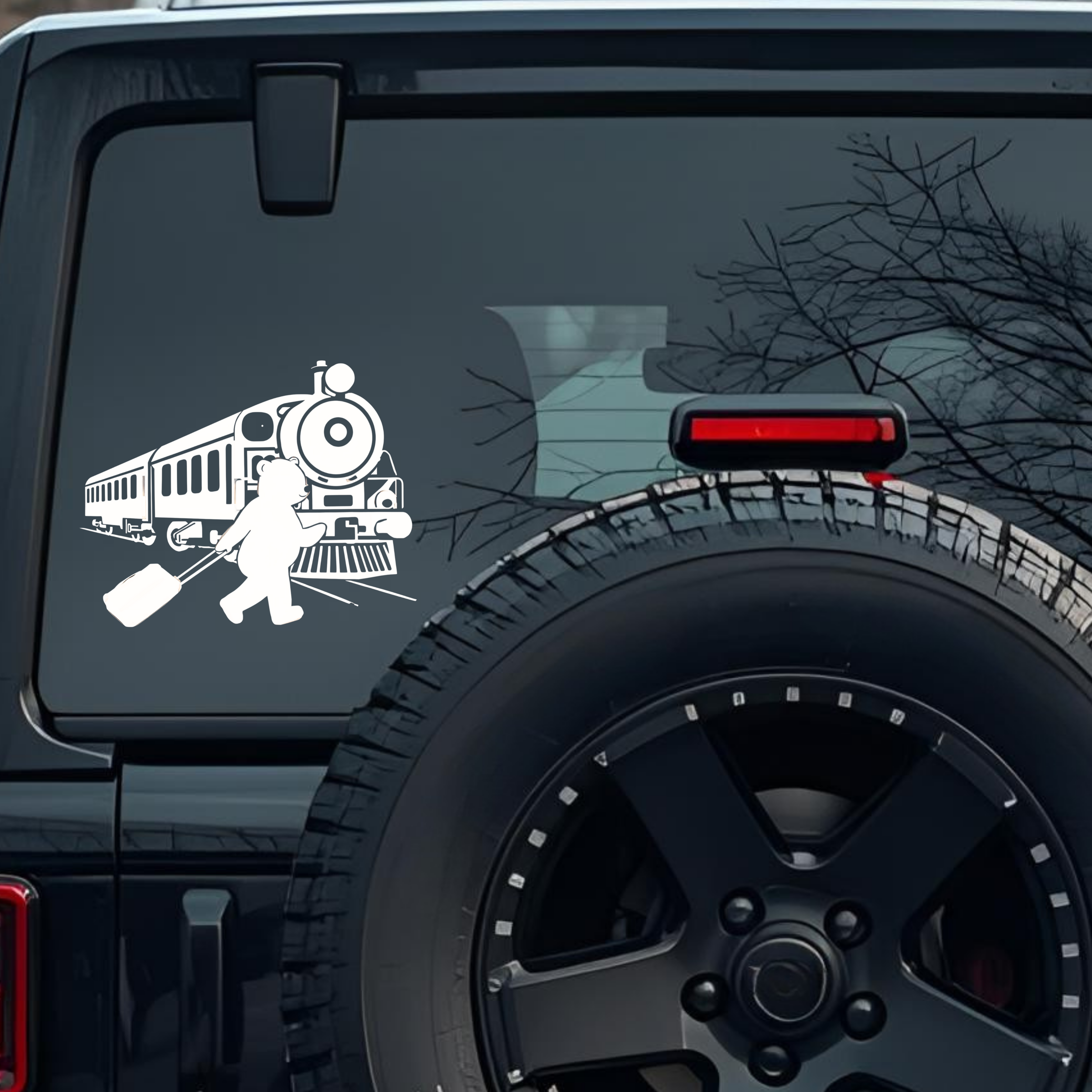 Train & a Bear Character Pulling a Suitcase Large 6 inch Premium Decal Sticker For Car Bumper Window