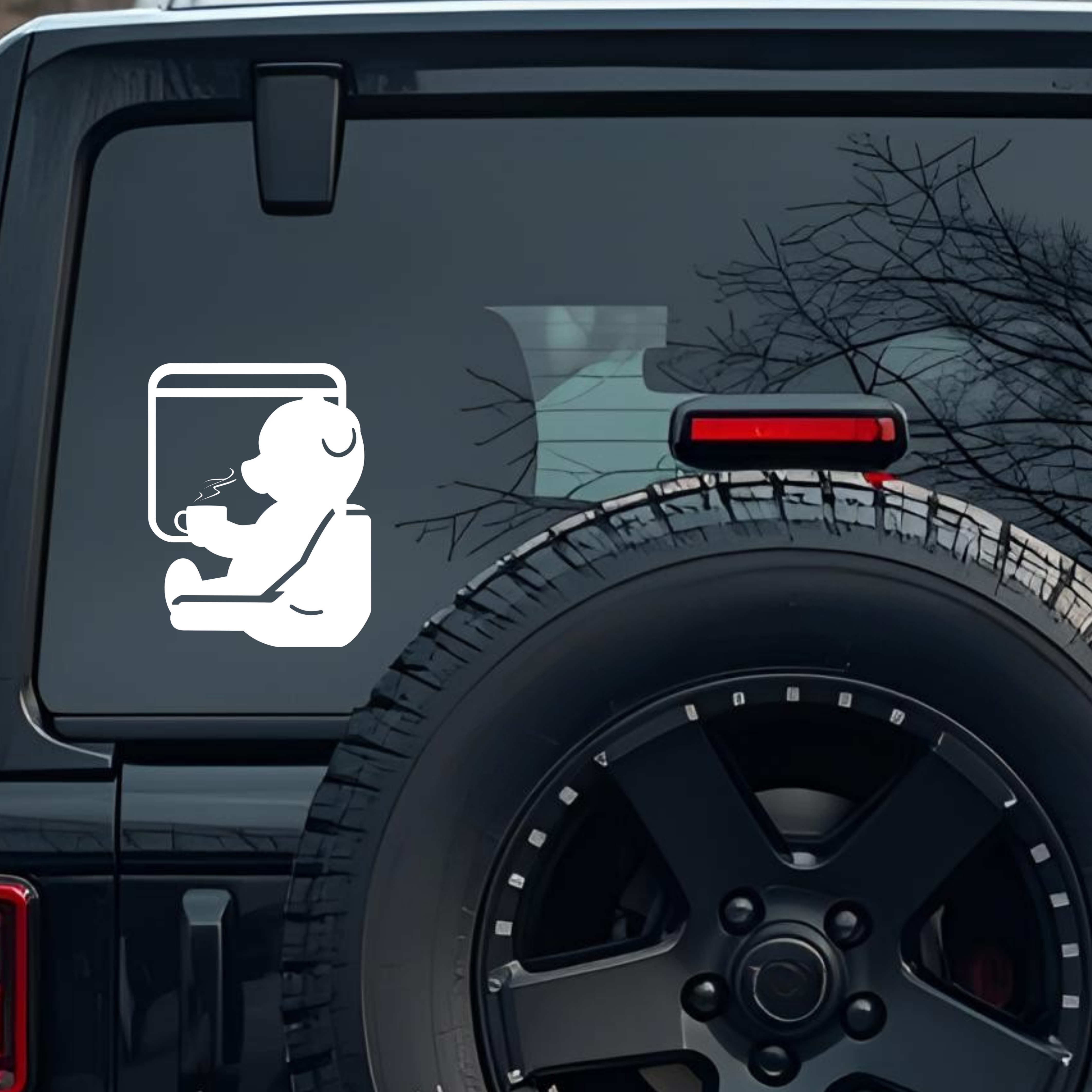 Teddy Bear Securely Fastened in a Child Car Seat While Holding a Cup Large 6 inch Premium Decal Stic