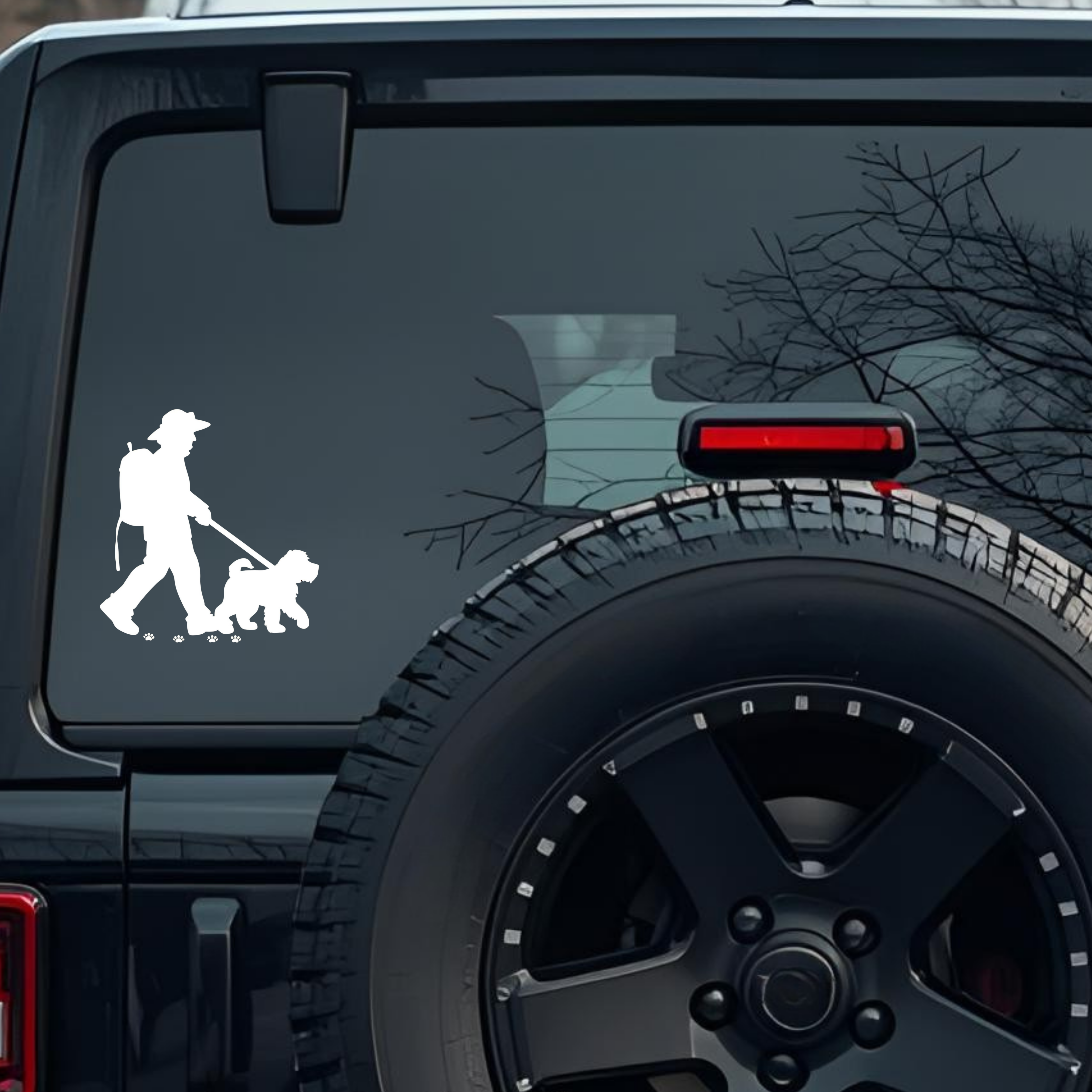 Person Hiking with a Backpack and Walking a Fluffy Dog on a Leash Large 6 inch Premium Decal Sticker