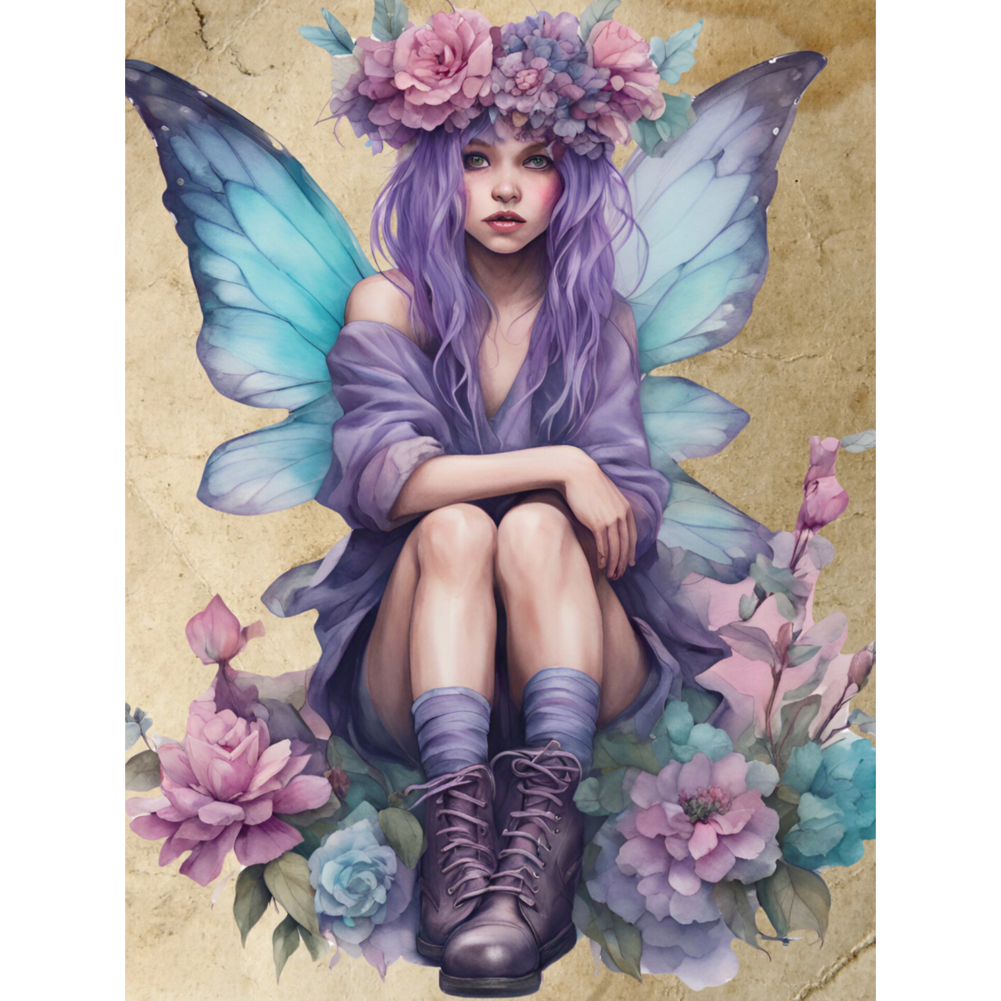 Vinyl Decal, Whimsical Figure with Amethyst Hair and Delicate Wings Art Print (5" x 7")