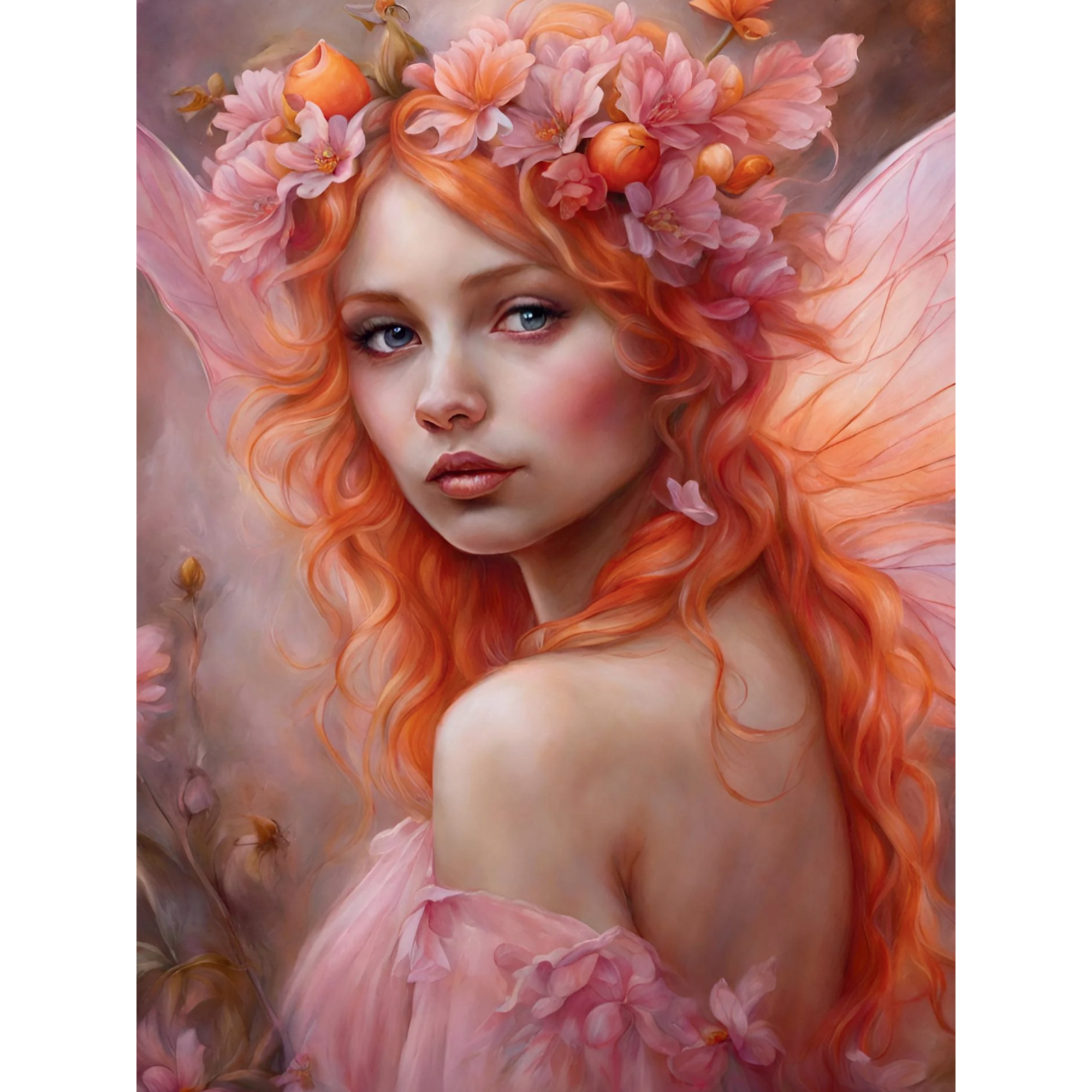 Vinyl Decal, Ethereal Maiden with Flowing Copper Hair and Delicate Floral Headpiece Artistic Print f
